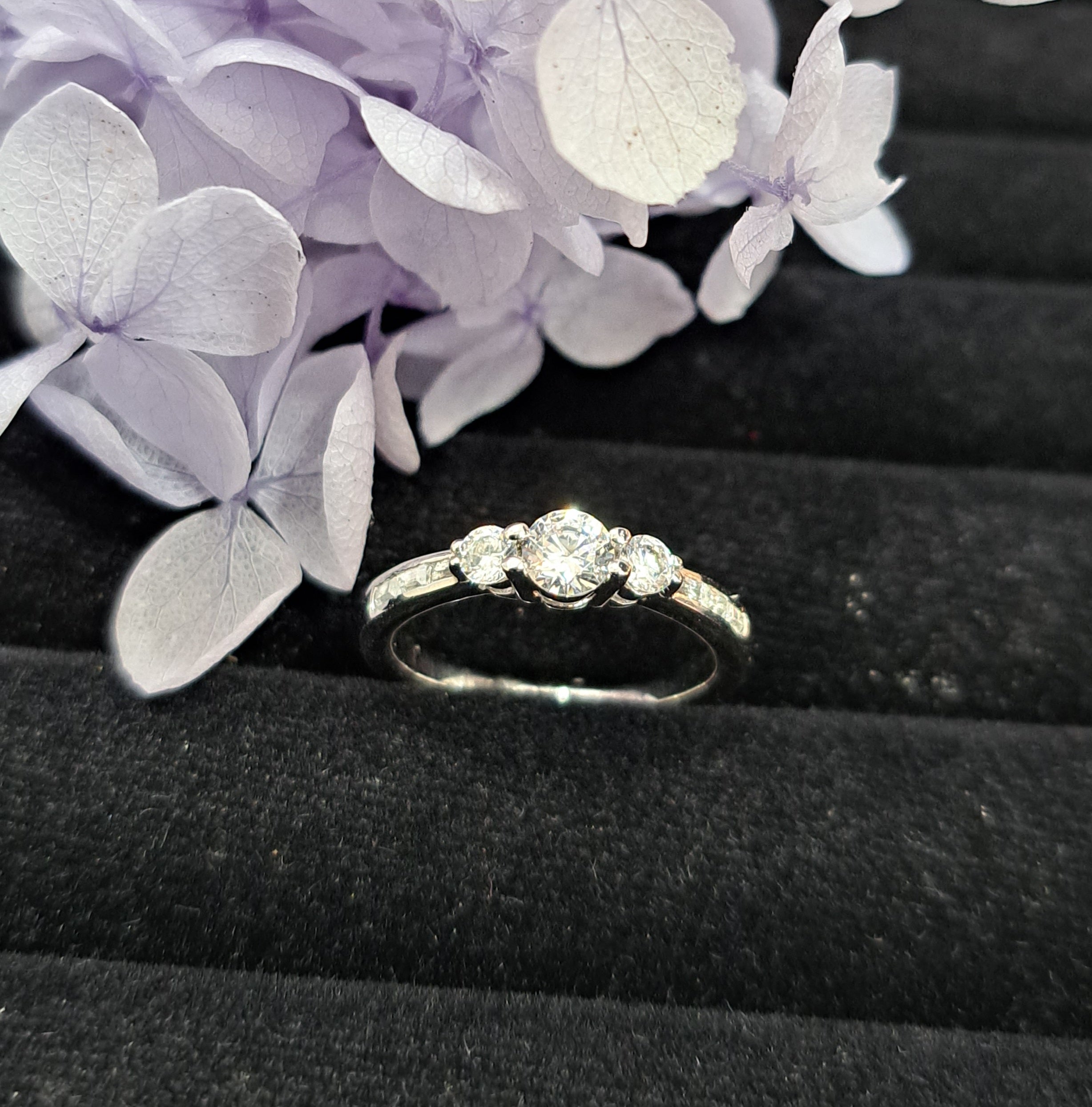 Trilogy Simulated Diamond Side  Baguette Engagement  Ring