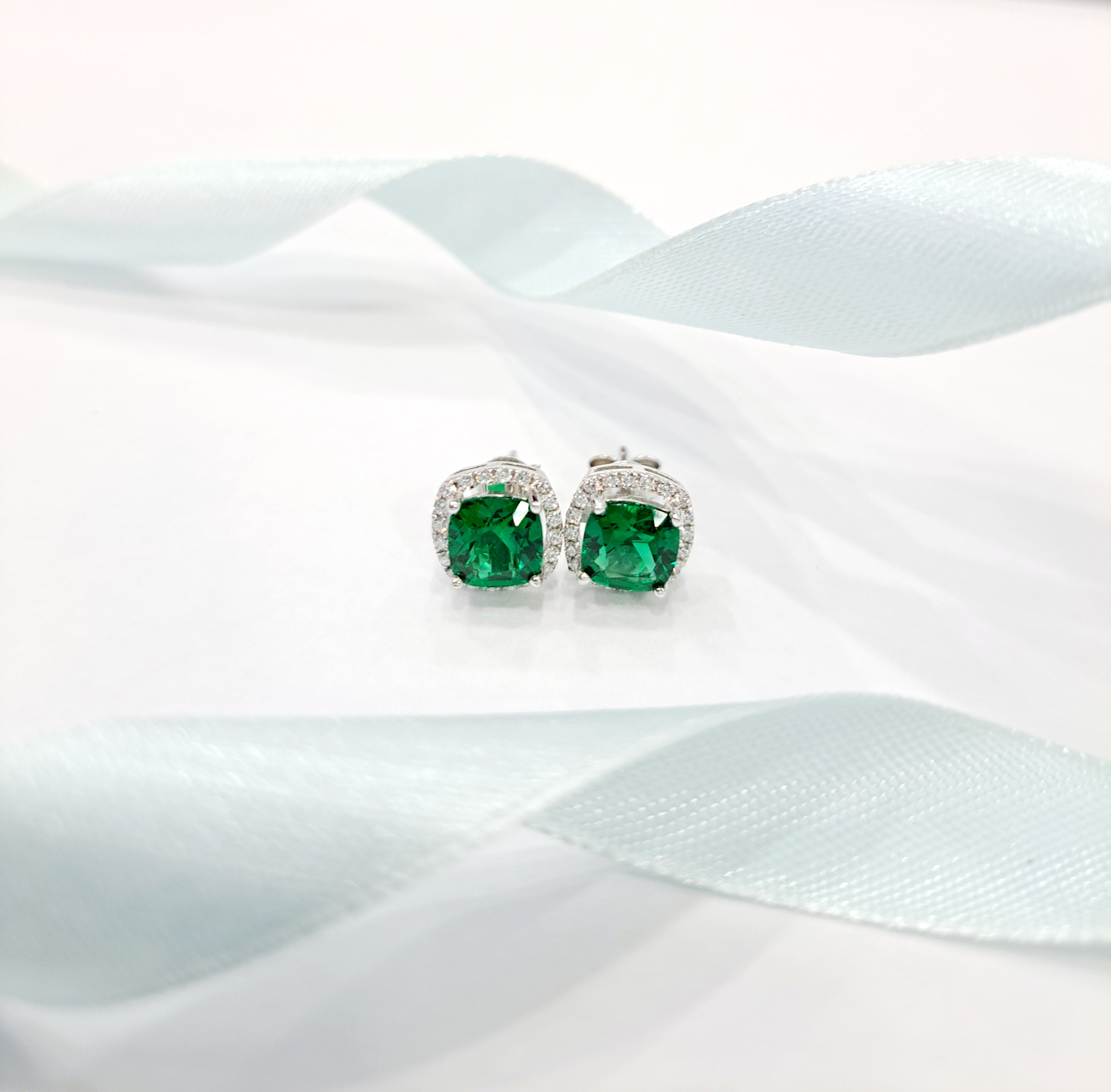 Halo Cushion Simulated Emerald Earrings