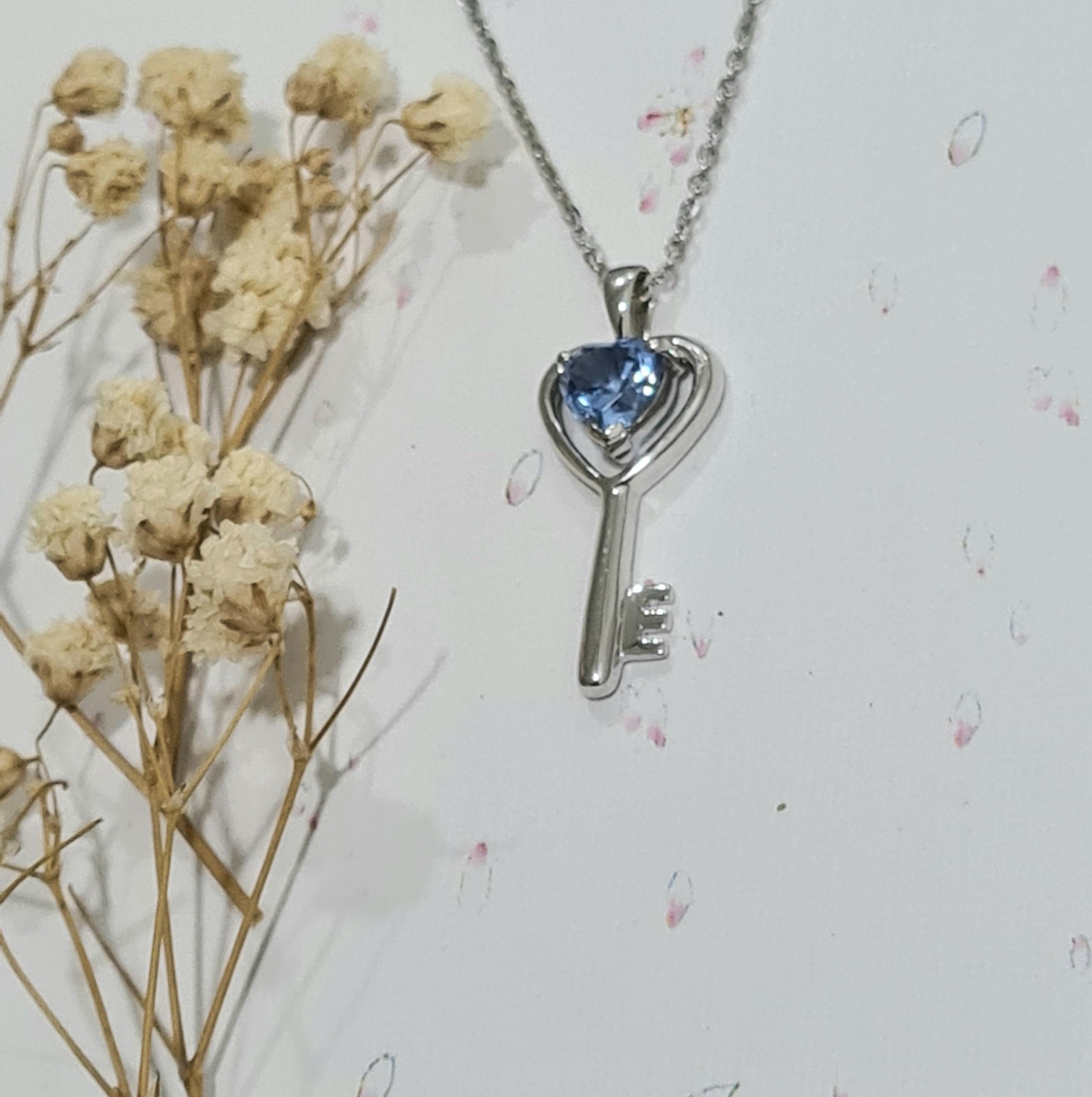 Lovely Heart Aquamarine Key Pendant