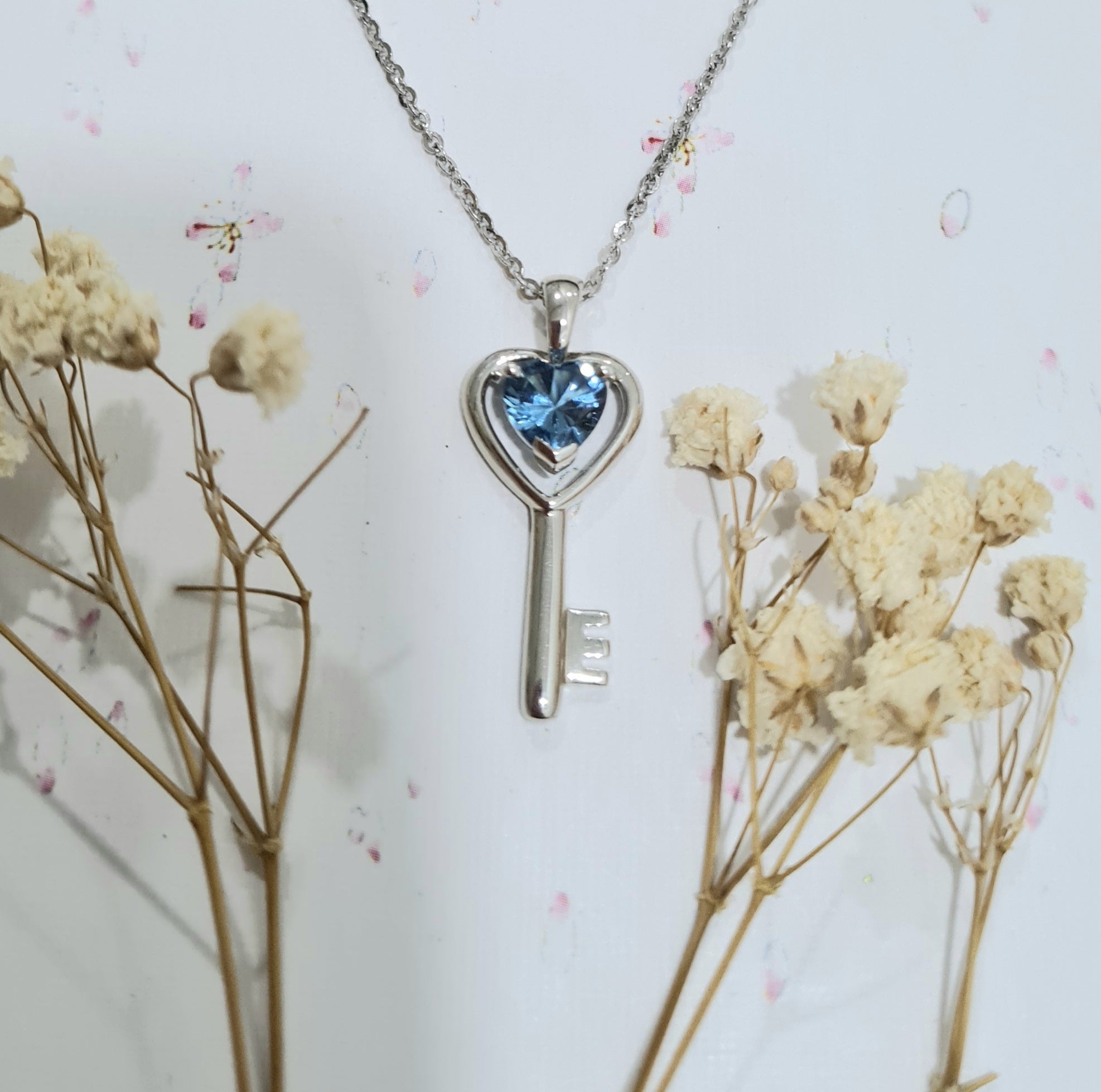 Lovely Heart Aquamarine Key Pendant